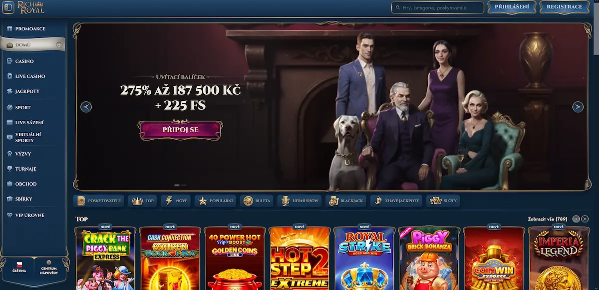 Úvodní stránka Rich Royal Casino s přehledem her a uvítacím bonusem