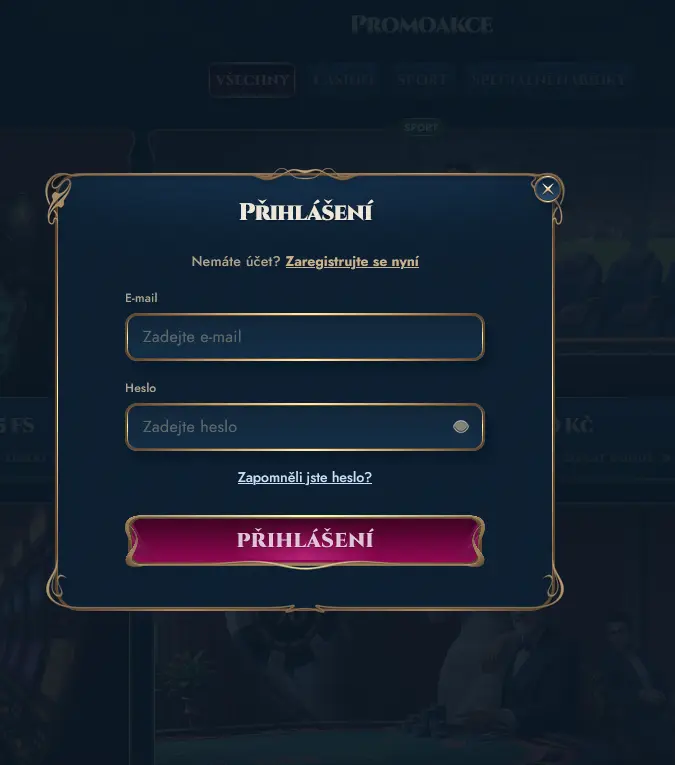 Přihlašovací formulář Rich Royal Casino s polem pro e-mail a heslo