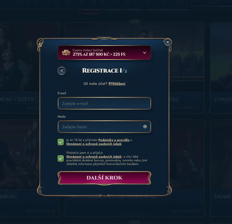 Registrační formulář nového účtu v Rich Royal Casino